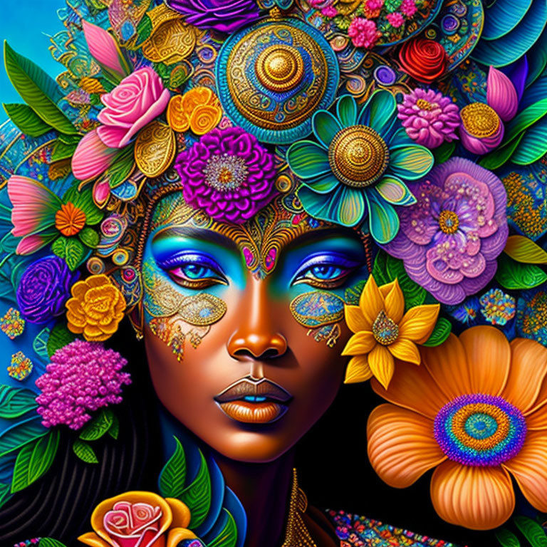 Colorful portrait of woman with blue skin and golden facial patterns among psychedelic flowers