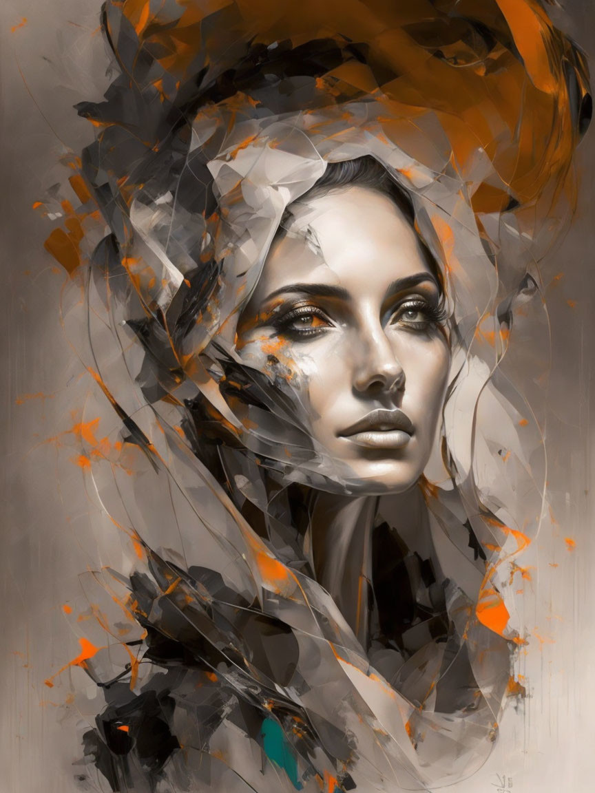 Abstract grayscale portrait with orange accents depicting energy movement.