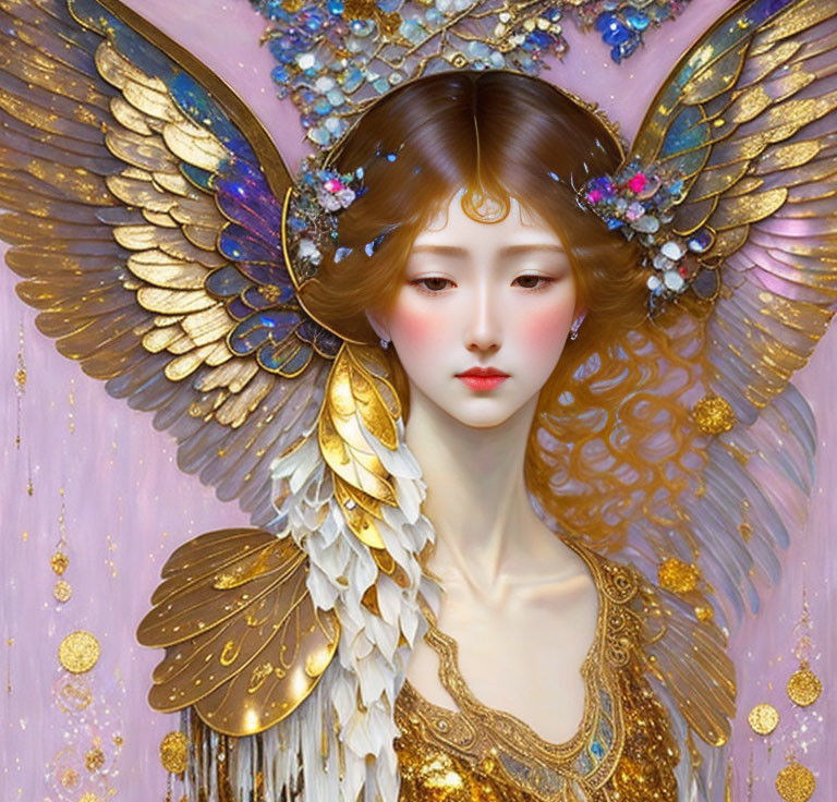 Golden angel wings and halo on woman with pearls and filigree