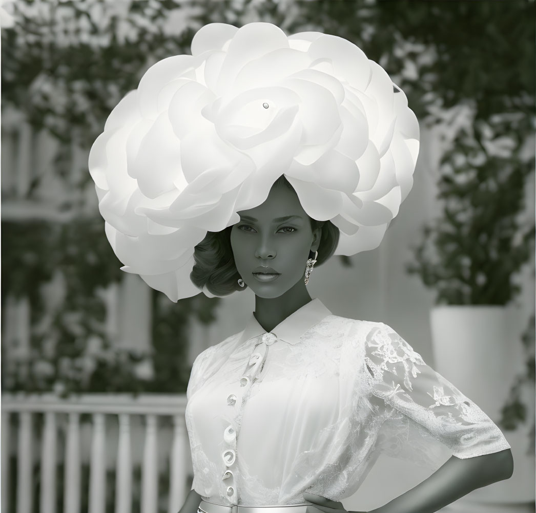 Monochrome image of a woman in a flower-shaped hat and lace blouse