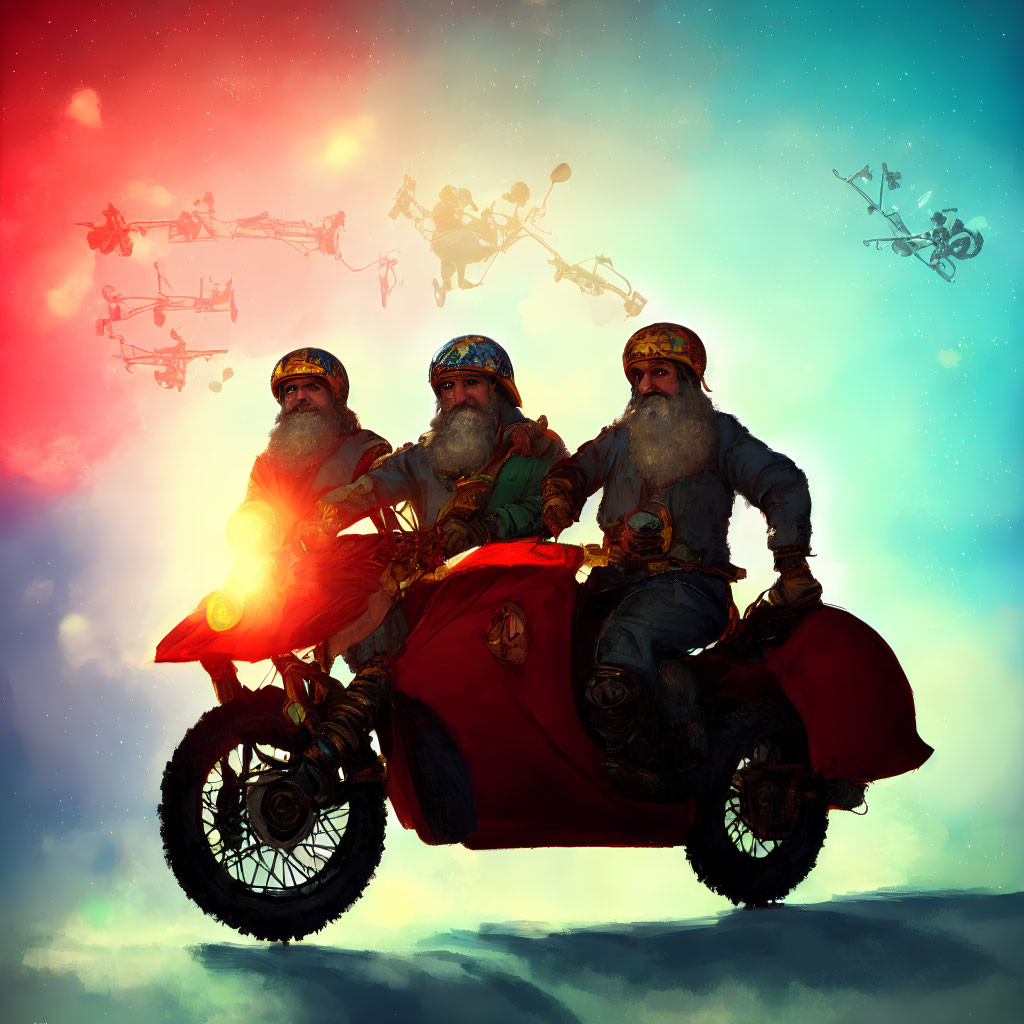 Three people in Santa Claus outfits on motorcycle with sidecar under sky with drone-pulled sleighs