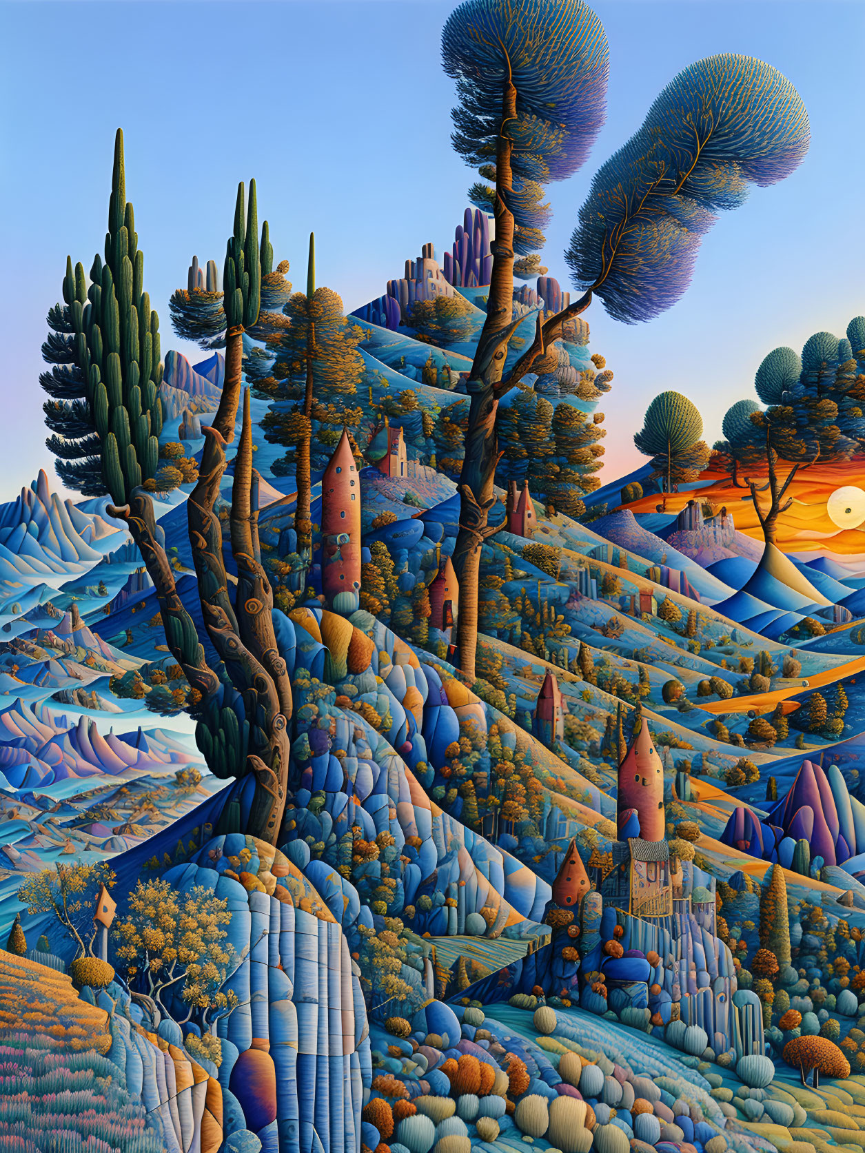 Detailed surreal landscape with stylized trees and colorful hills