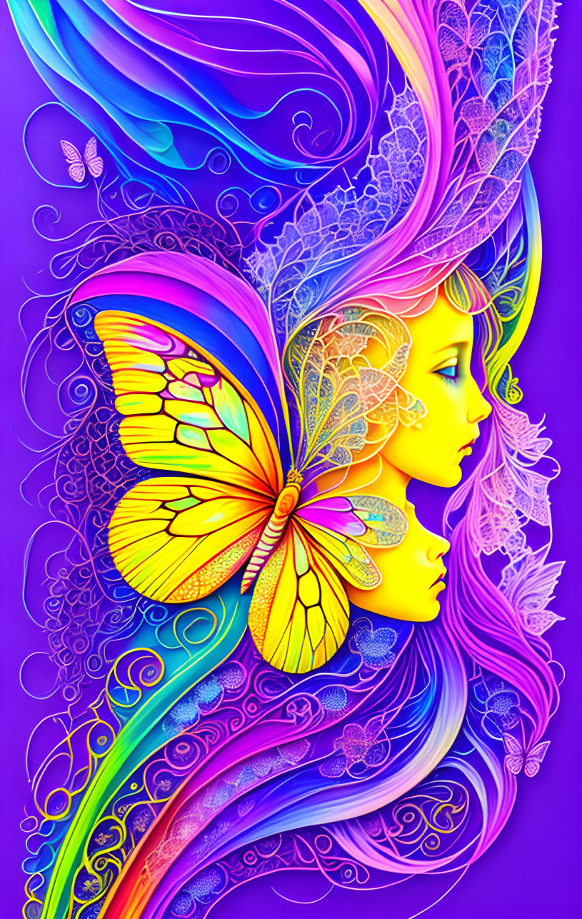 Colorful woman's profile with butterfly wing in intricate design