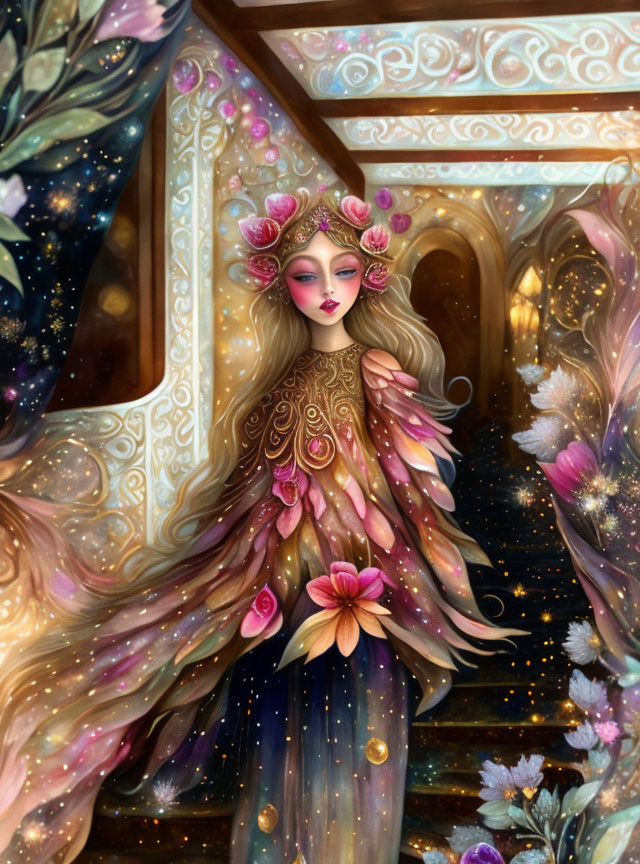 Ethereal figure with golden hair and pink flowers by ornate door