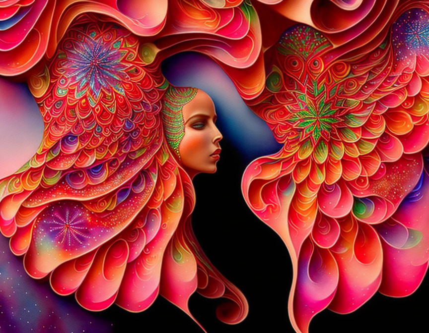 Colorful digital artwork: Woman with intricate wing-like hair in psychedelic style on starry background