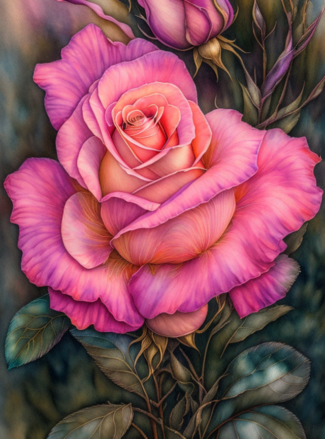 Detailed Close-Up Illustration: Pink Rose with Gradient Petals