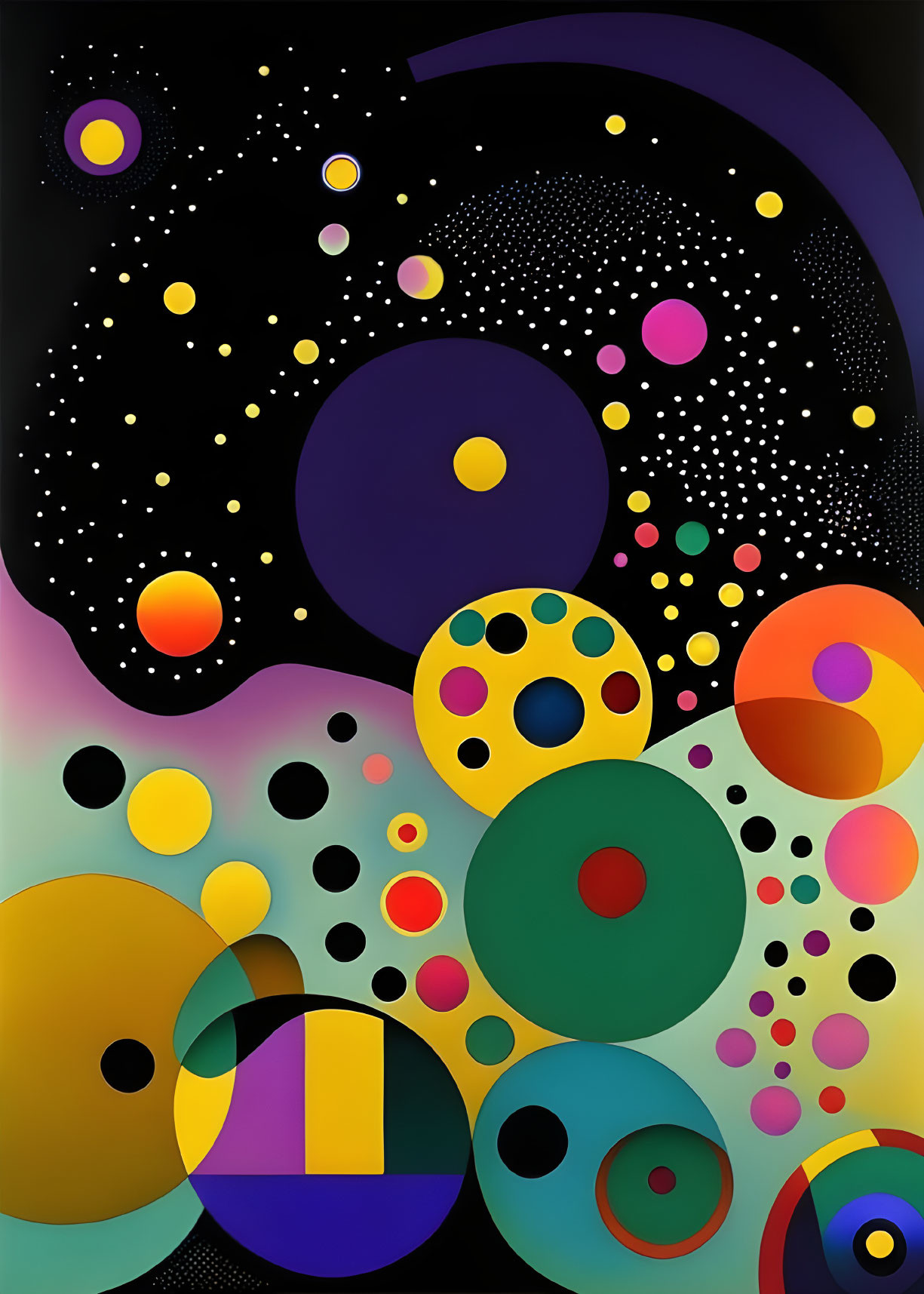 Colorful Abstract Art: Vibrant Circles and Patterns on Black Background