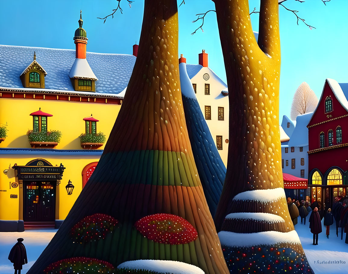 Snow-covered buildings and vibrant storefronts in whimsical winter setting