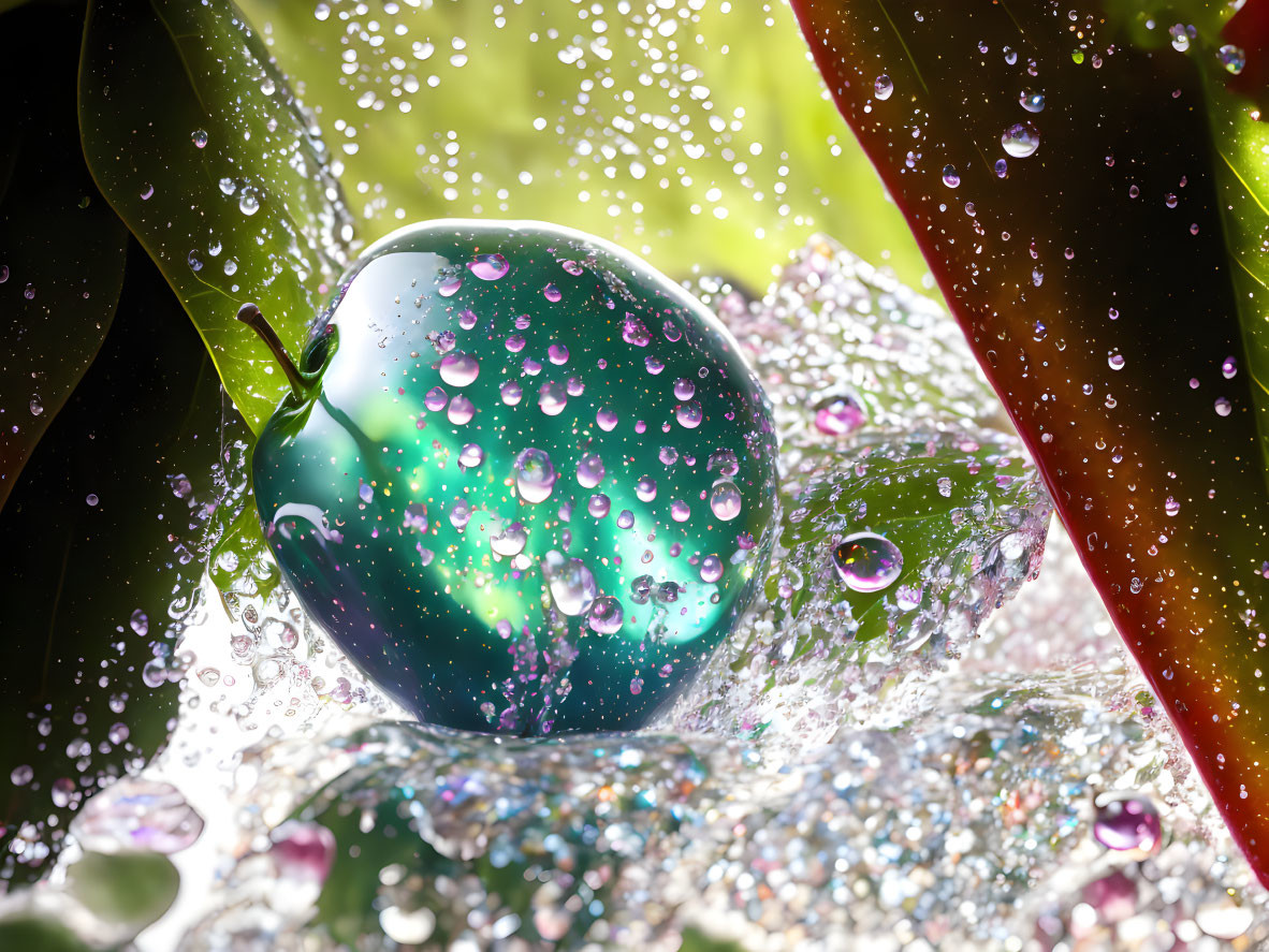 Shiny Green Apple with Water Droplets on Wet Leaves