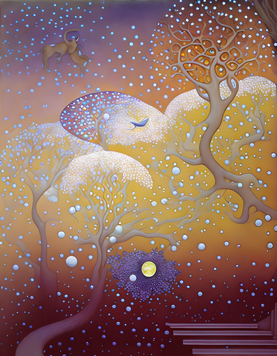 Whimsical white foliage trees on orange and blue gradient with bubbles and bird