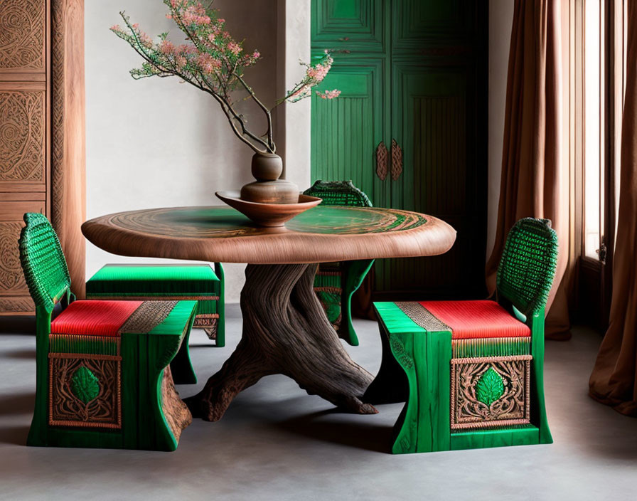 Rustic wooden table with green chairs and cherry blossom branch in vase in room with green doors and