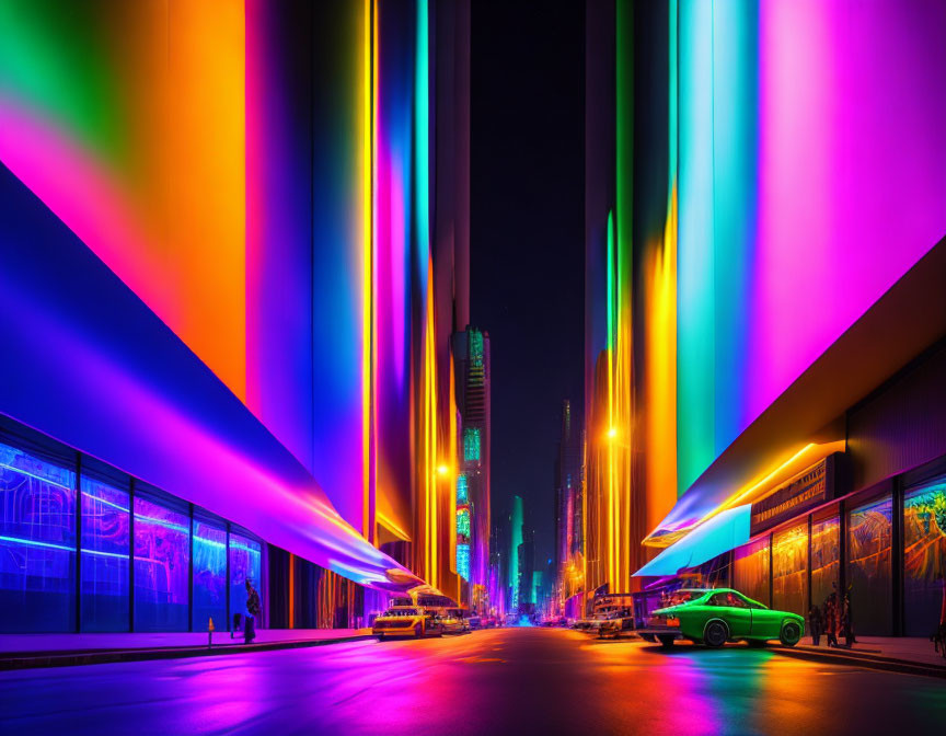 Colorful neon-lit cityscape at night with modern architecture and cars