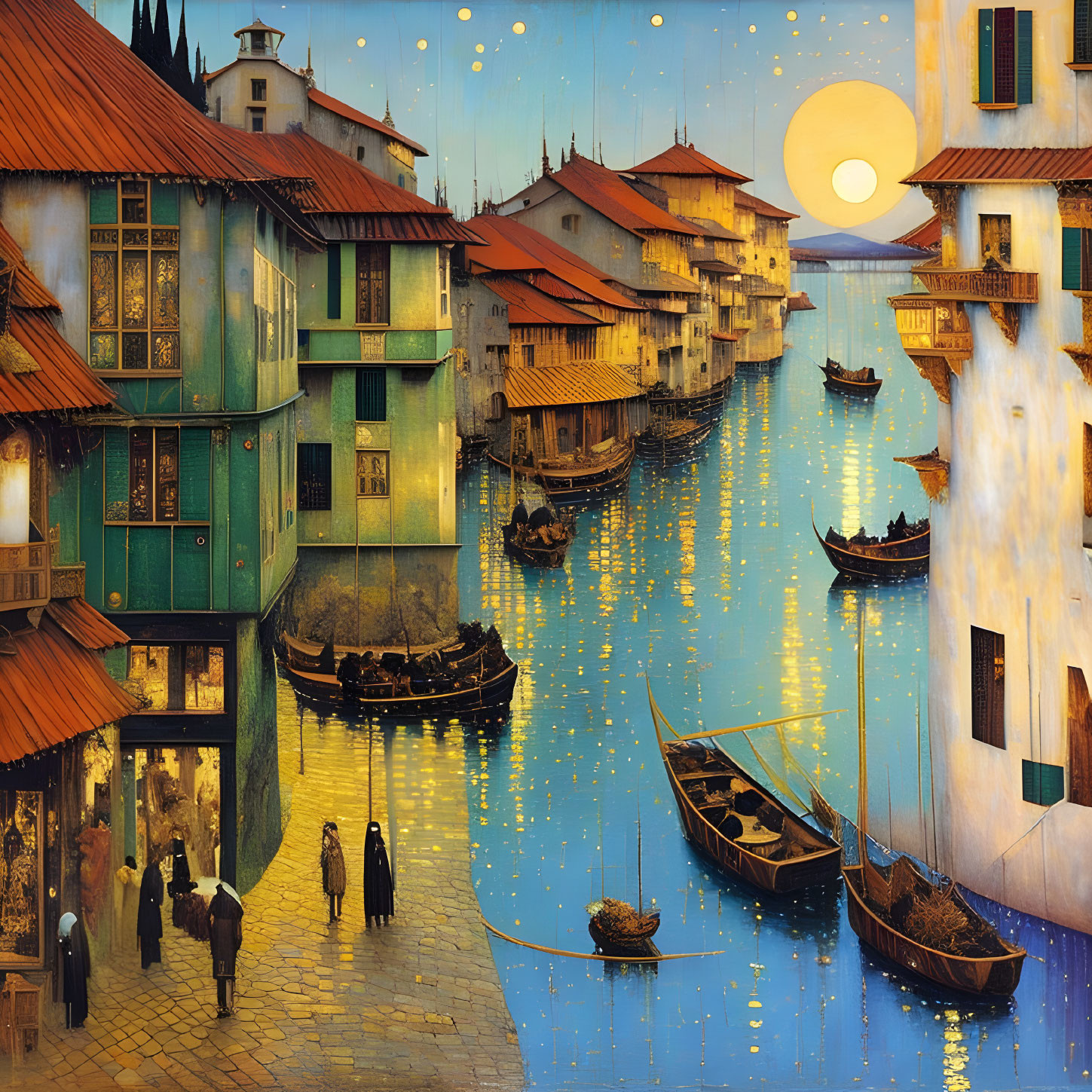 Surreal waterside village at sunset with golden reflections