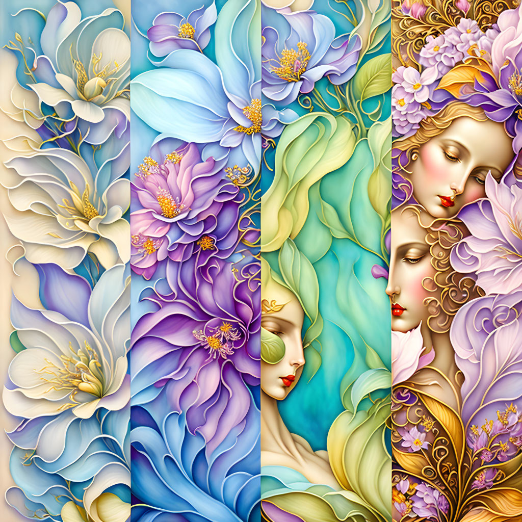 Vibrant floral women's faces illustration with serene quality