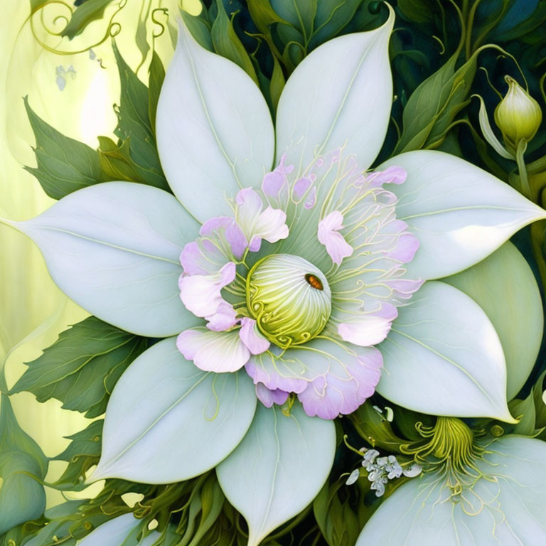 Detailed digital painting of white and green flower with purple accents