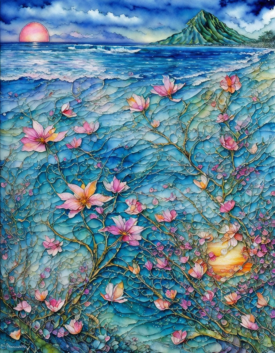 Pink Flowers Floating on Blue Ocean with Sunset and Island