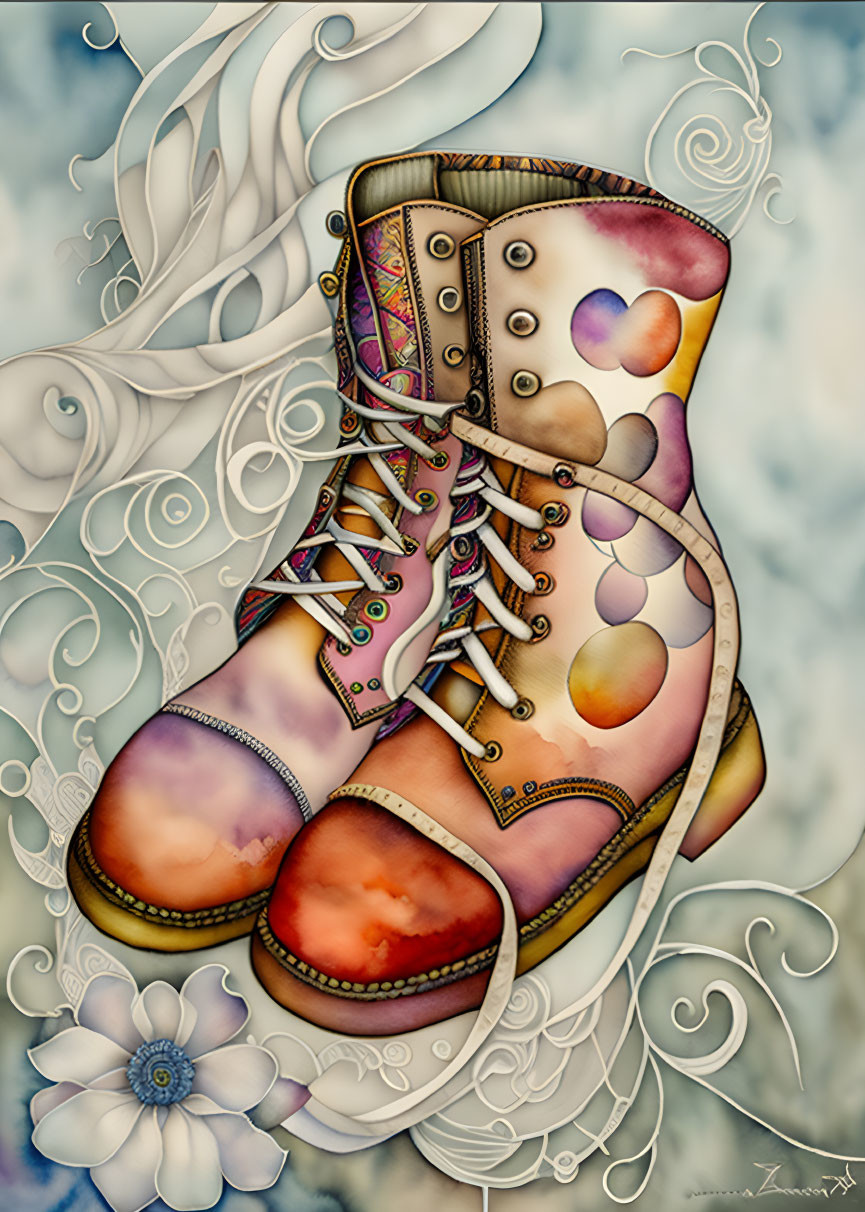 Vibrant lace-up boots illustration with whimsical floral background