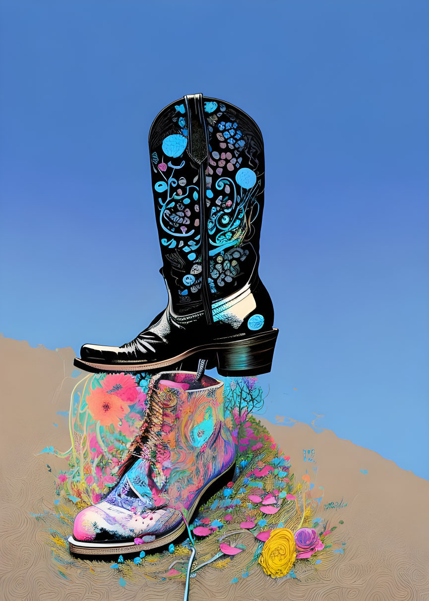 Digital Artwork: Cowboy Boot Disintegrating to Flowers on Tan Background