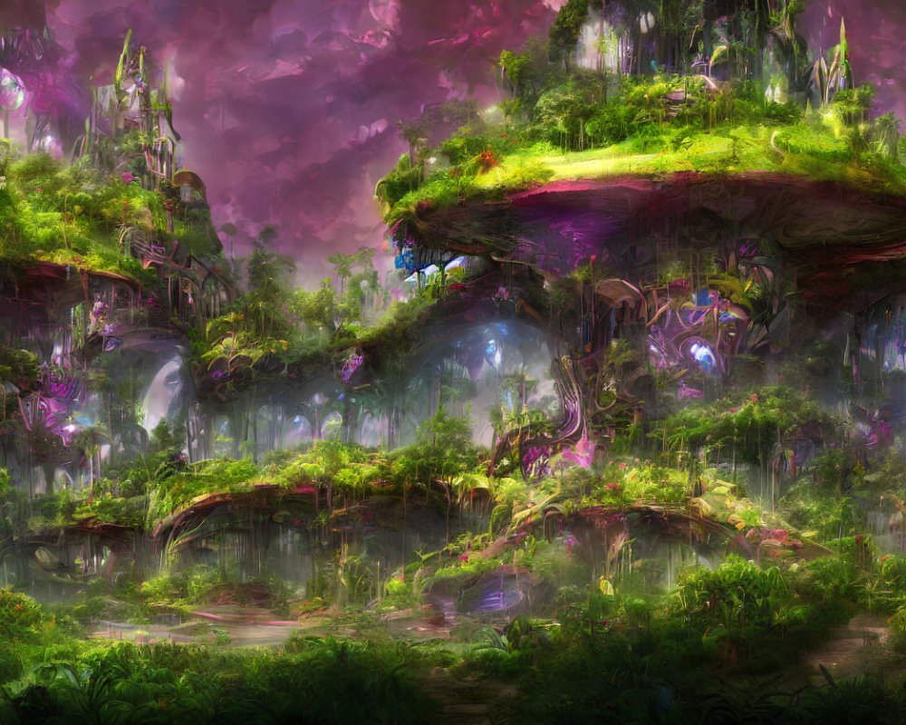 Fantasy landscape with floating islands and pink sky