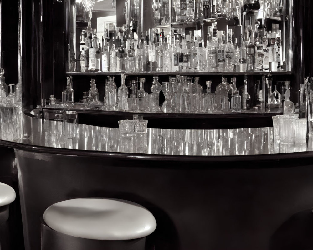 Sophisticated monochrome circular bar with bottles and glassware.