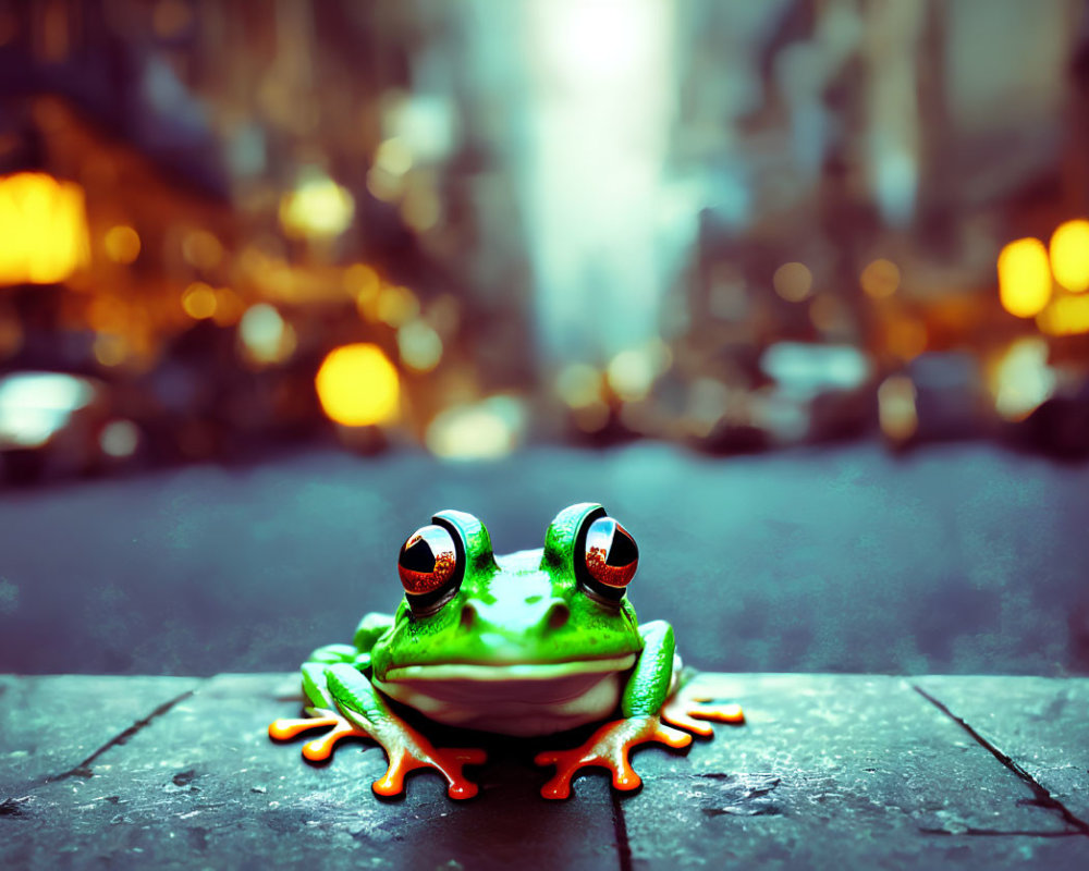 Colorful Frog with Red Eyes on City Street with Urban Background