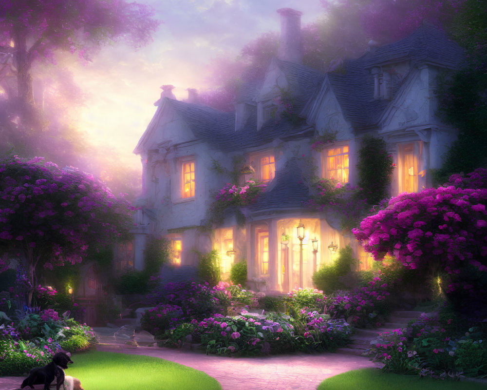 Enchanting evening scene of fairy-tale cottage with lush gardens and black dog