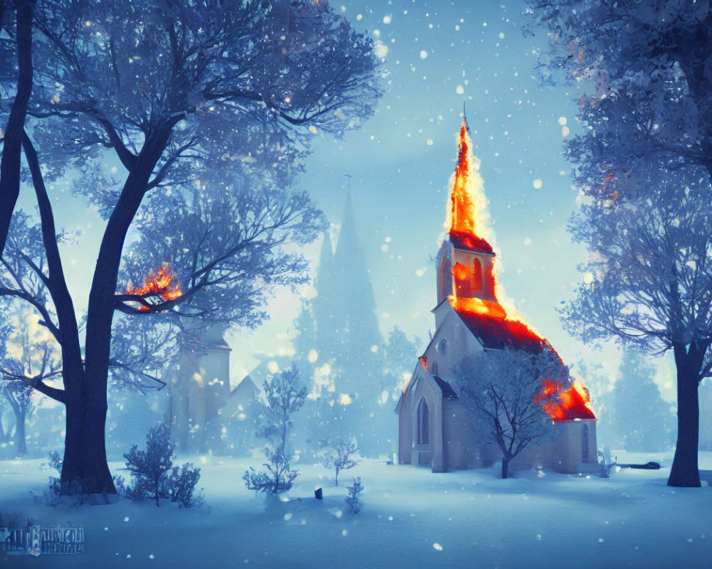 Snow-covered trees and illuminated church in serene winter twilight