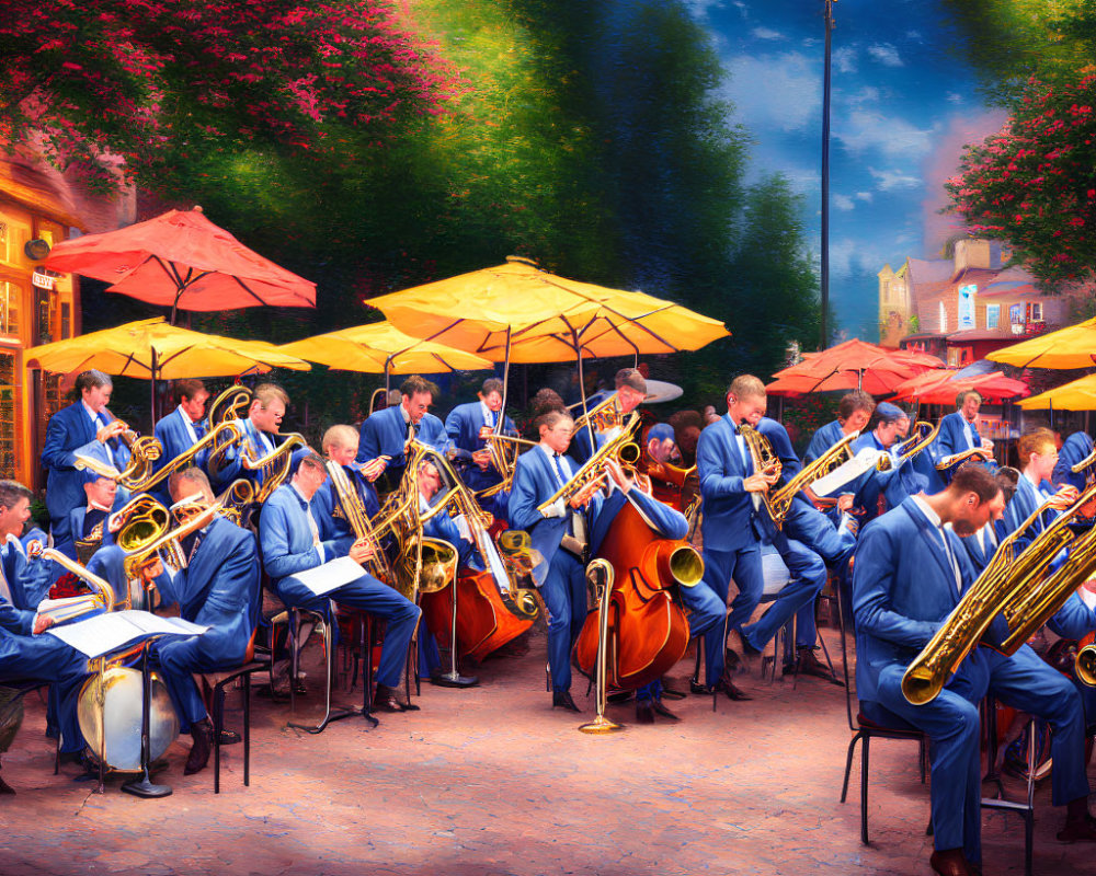 Illustrated outdoor concert with musicians in blue suits playing brass instruments under yellow umbrellas at dusk