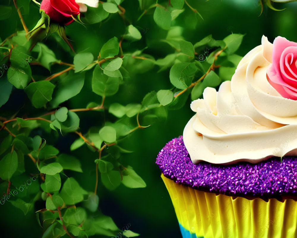 Colorful Cupcake with White Frosting and Pink Rose on Green Foliage Background