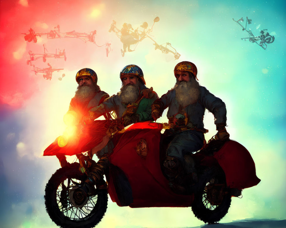 Three people in Santa Claus outfits on motorcycle with sidecar under sky with drone-pulled sleighs