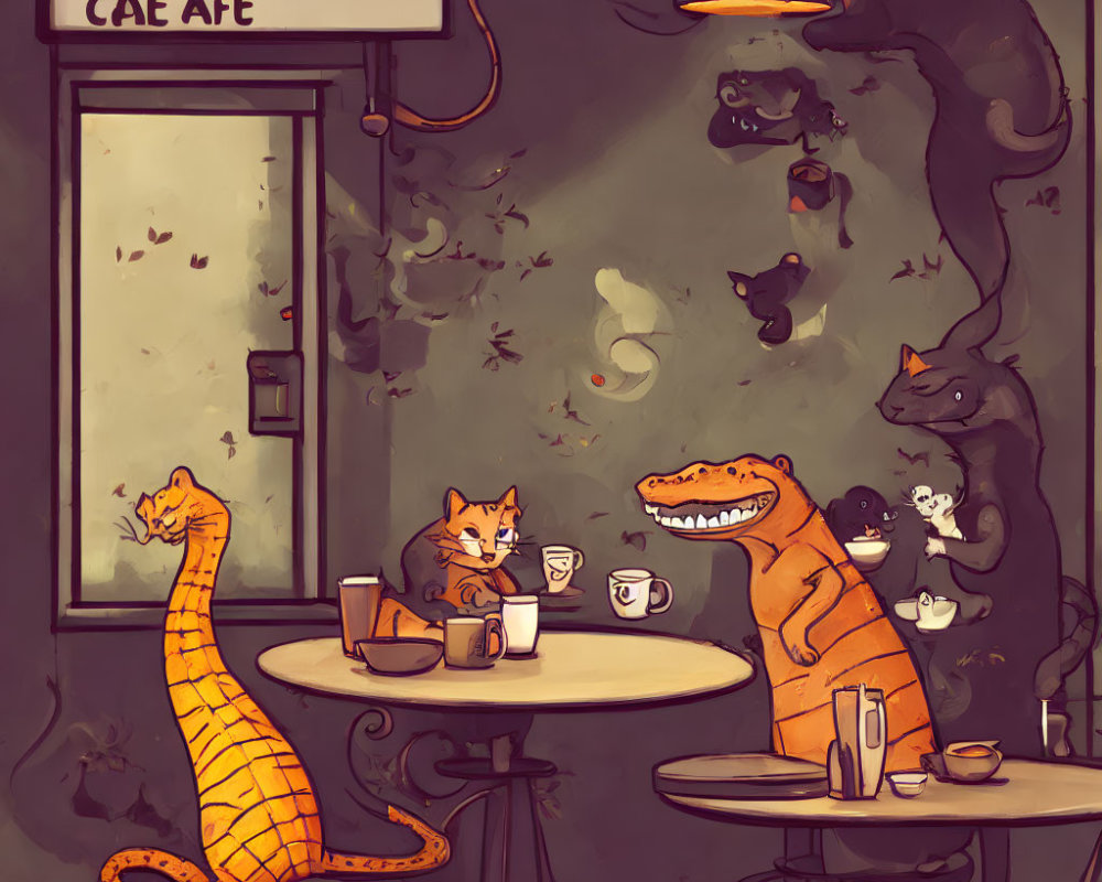 Anthropomorphic animals in a cozy cafe scene with dinosaur, cat, and mice.