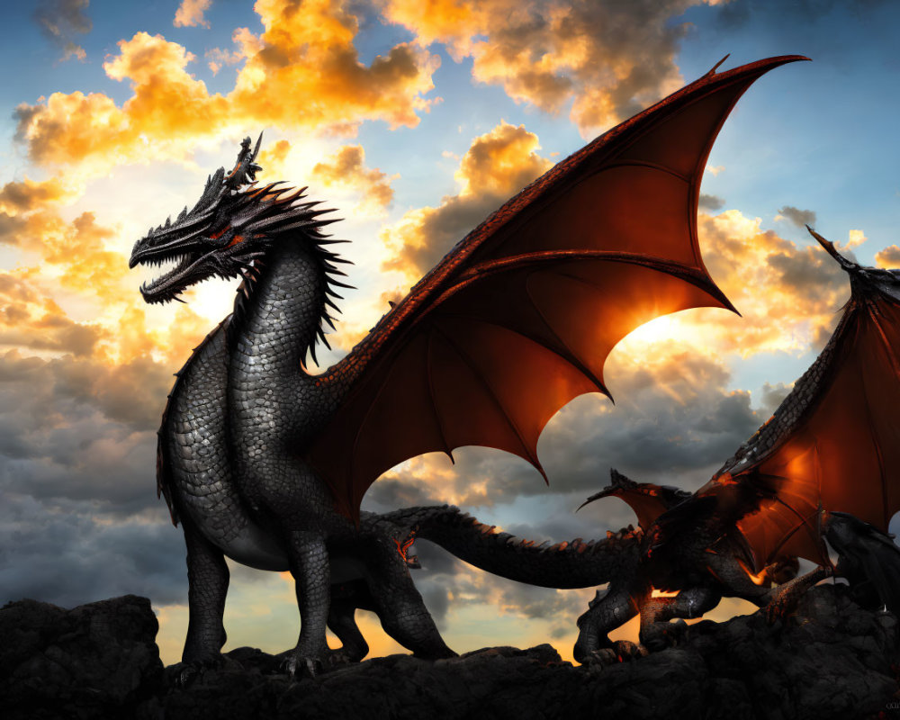 Majestic black dragons with large wings and fiery orange eyes on rocky terrain under dramatic sunset sky