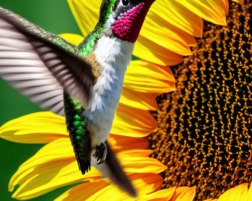 Iridescent Green Hummingbird Near Vibrant Yellow Sunflower