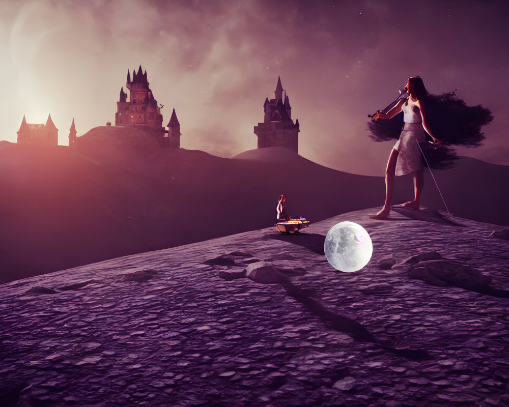 Fantasy landscape with violin player, purple sky, moon, and distant castles