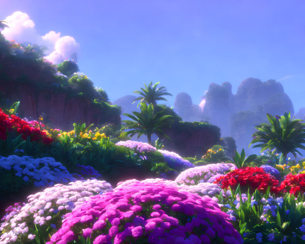 Colorful Flowers, Tropical Trees, and Rocky Cliffs in Serene Landscape