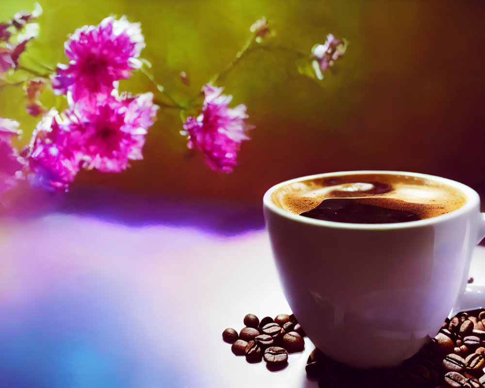 White Coffee Cup with Beans on Colorful Background and Pink Flowers