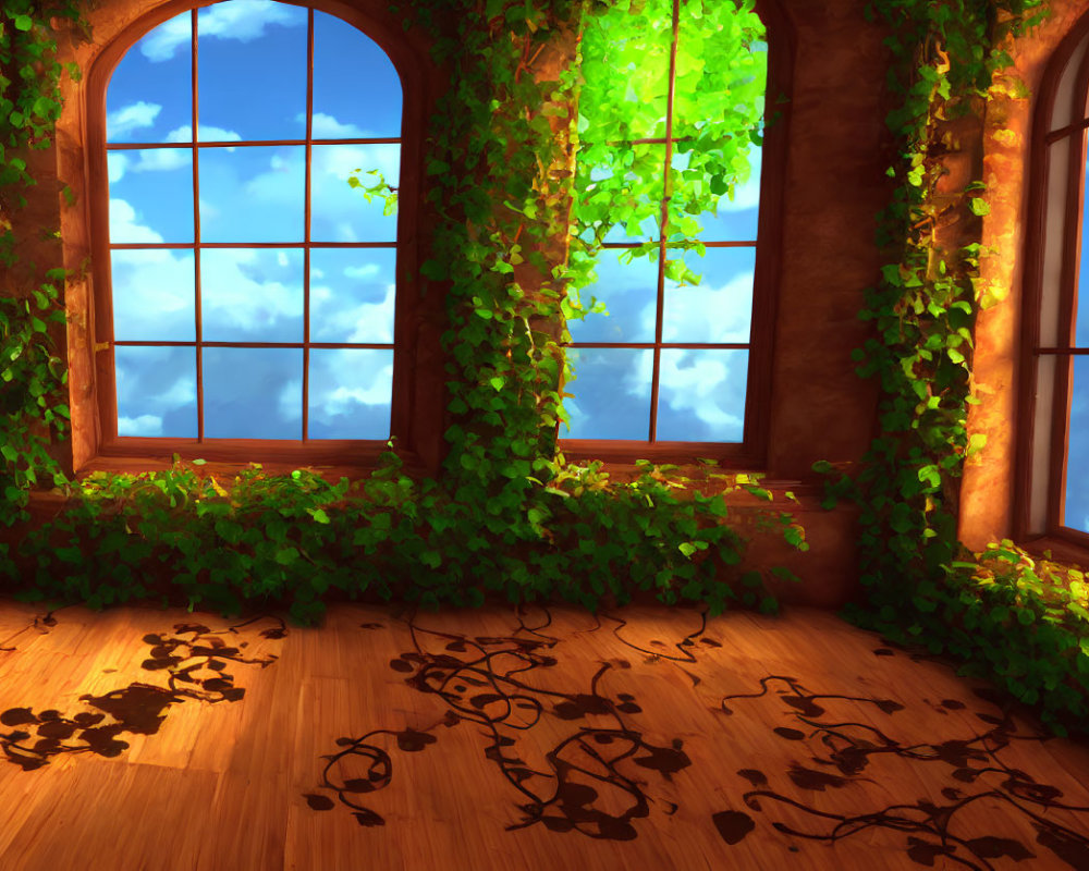 Room with Arched Windows, Green Ivy, Fallen Leaves, and Blue Sky View