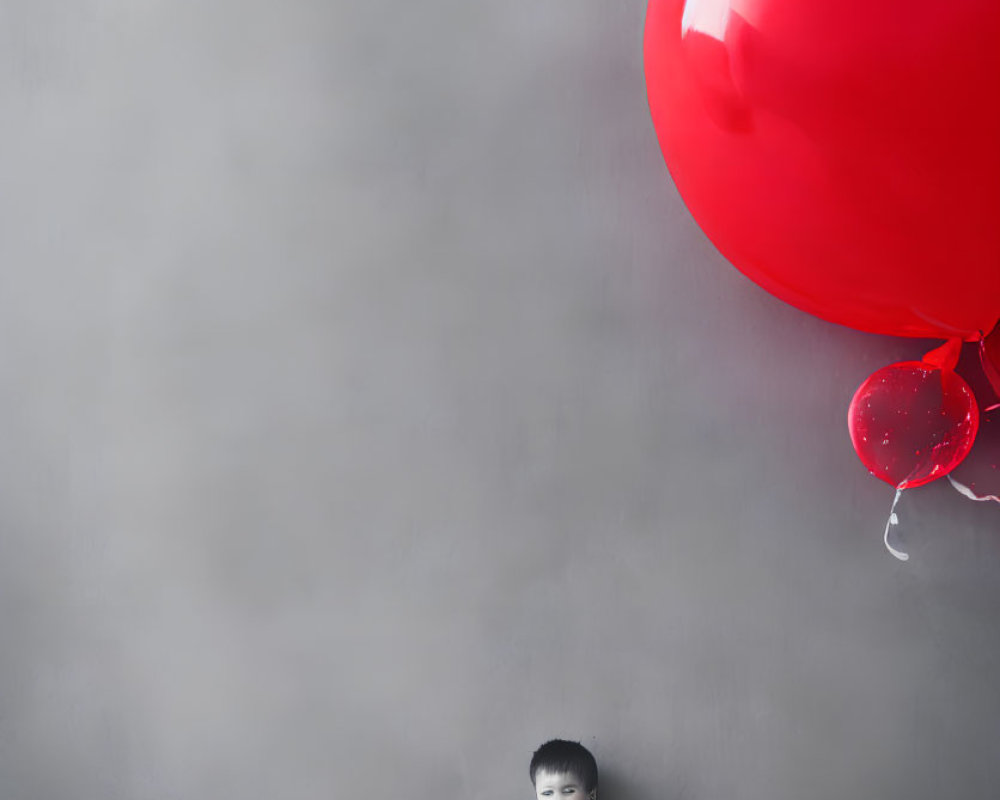 Child admires giant red balloon against gray wall