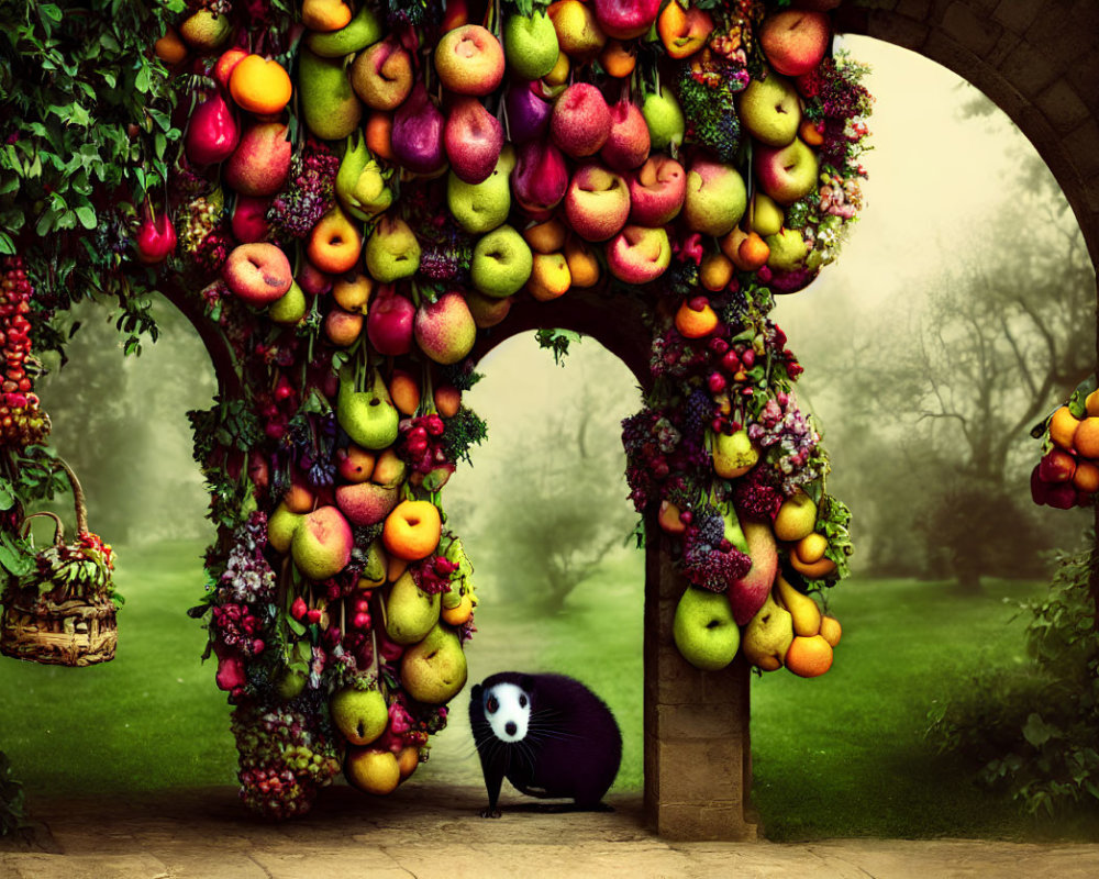 Colorful Fruit Adorned Archway Overlooking Garden with Hedgehog and Basket