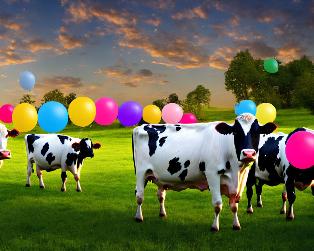 Cows in green field with colorful balloons at sunset