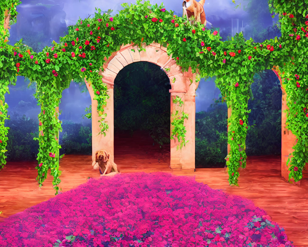 Lush Garden Scene with Archways, Flowers, and Playing Dogs