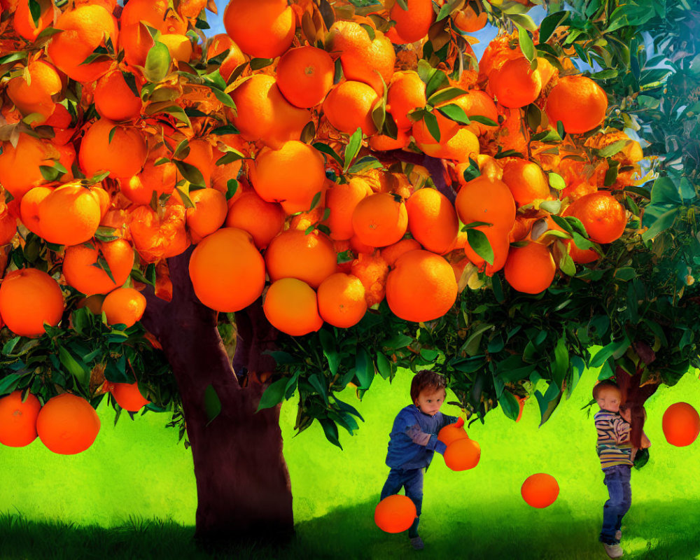 Lush orange orchard with ripe fruits, children playing in the sunlit shadows