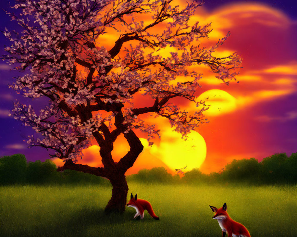 Colorful sunset with cherry tree and foxes in meadow