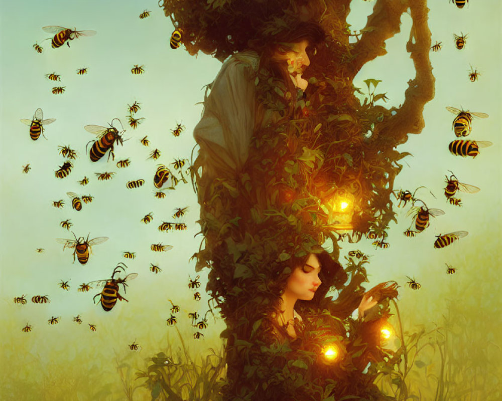 Illustration of two people intertwined in a leafy tree under warm glow with buzzing bees.