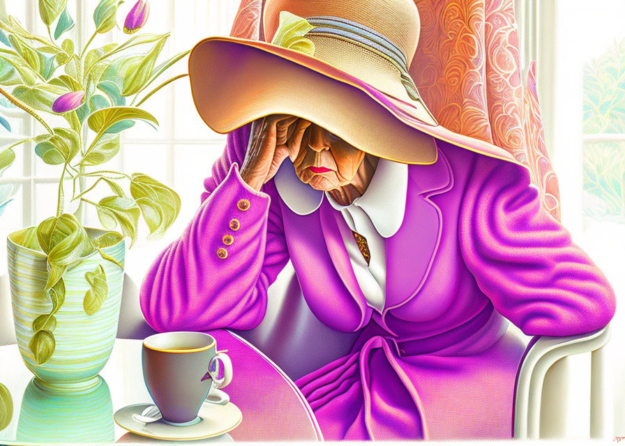 Vibrant illustration of elegant person in wide-brimmed hat and purple outfit at table with coffee