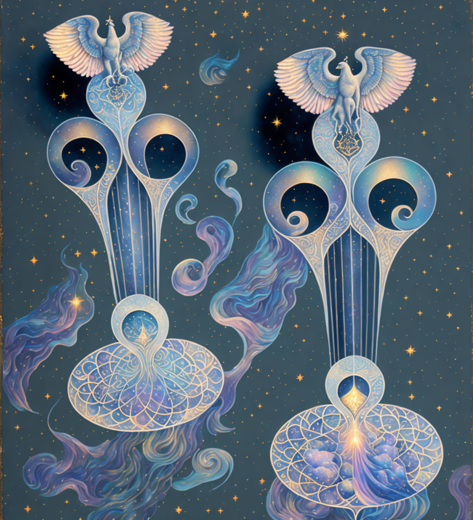 Stylized peacocks with cosmic tails in starry backdrop