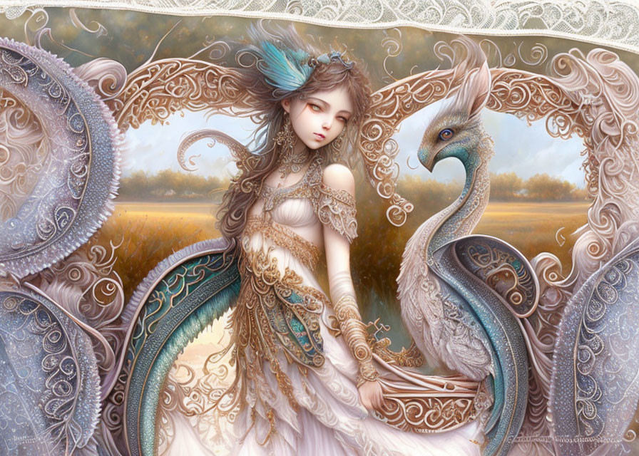 Fantasy artwork featuring woman and peacock creature in ornate attire