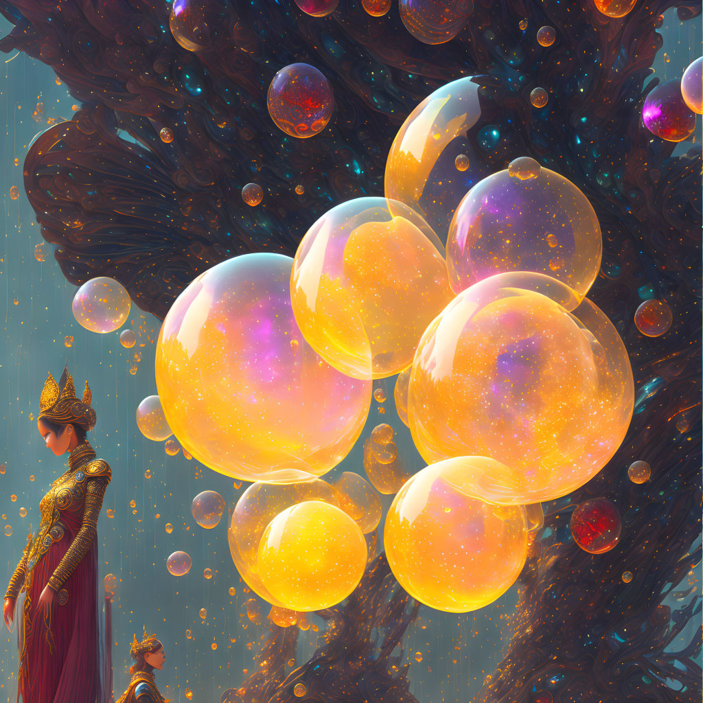 Person in ornate clothing beside vibrant cosmos-filled bubbles