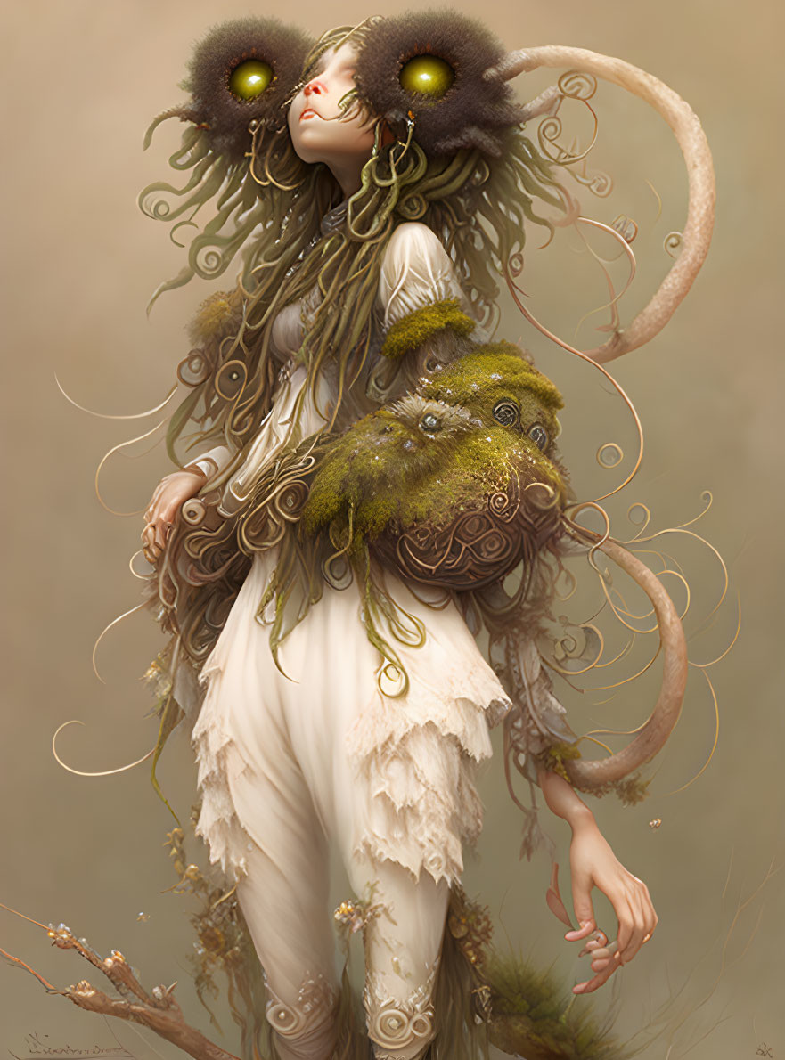 Fantastical creature with ram horns and glowing eyes in elegant dress