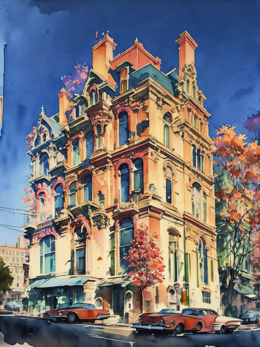 Victorian building and classic cars in watercolor art